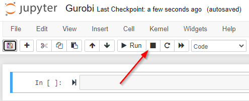 Pointer to STOP button in Jupyter notebook taskbar
