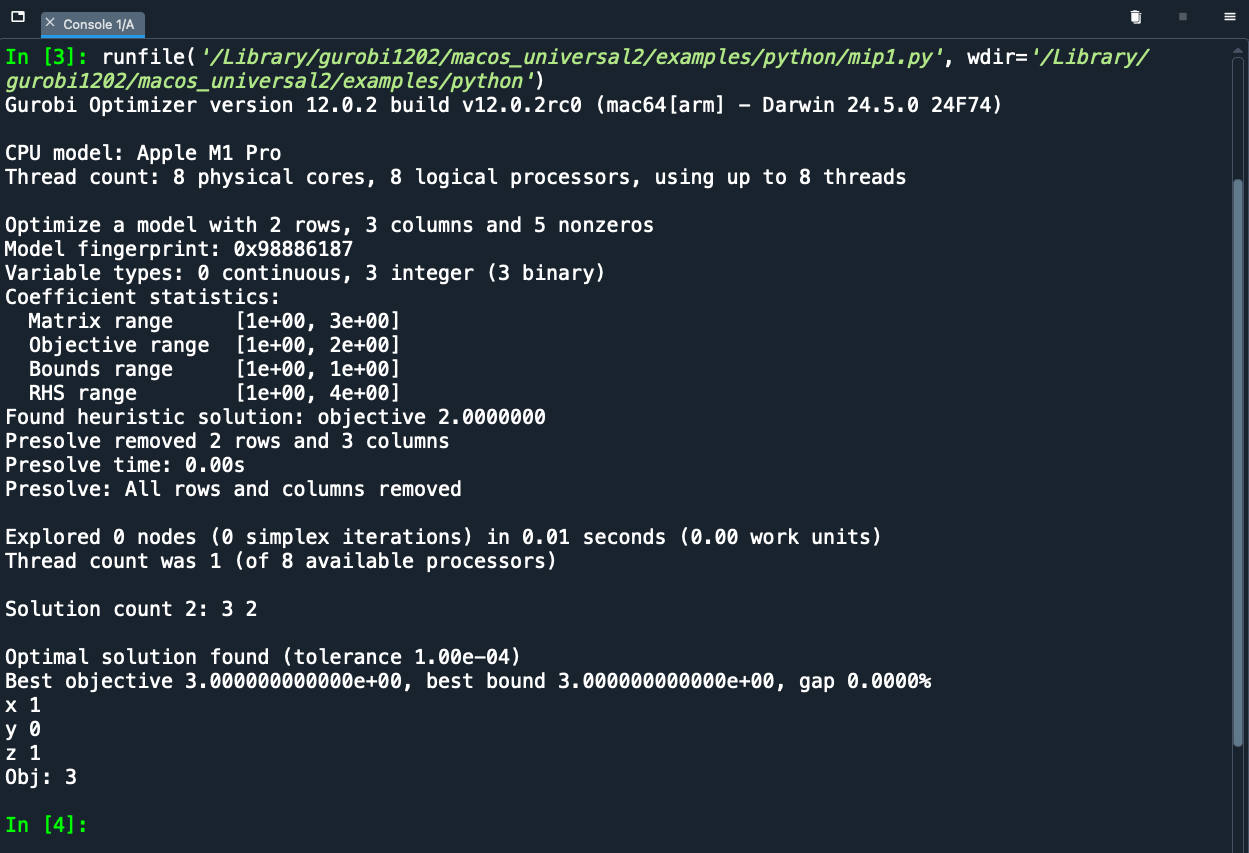 mip1.py example output. The optimal solution is (1, 0, 1) and the optimal objective value is 3.