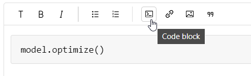 Editor toolbar with formatting options including text styles, lists, and a highlighted "Code block" button. Below the toolbar, a code block contains the line model.optimize().